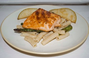 salmon pasta and pear